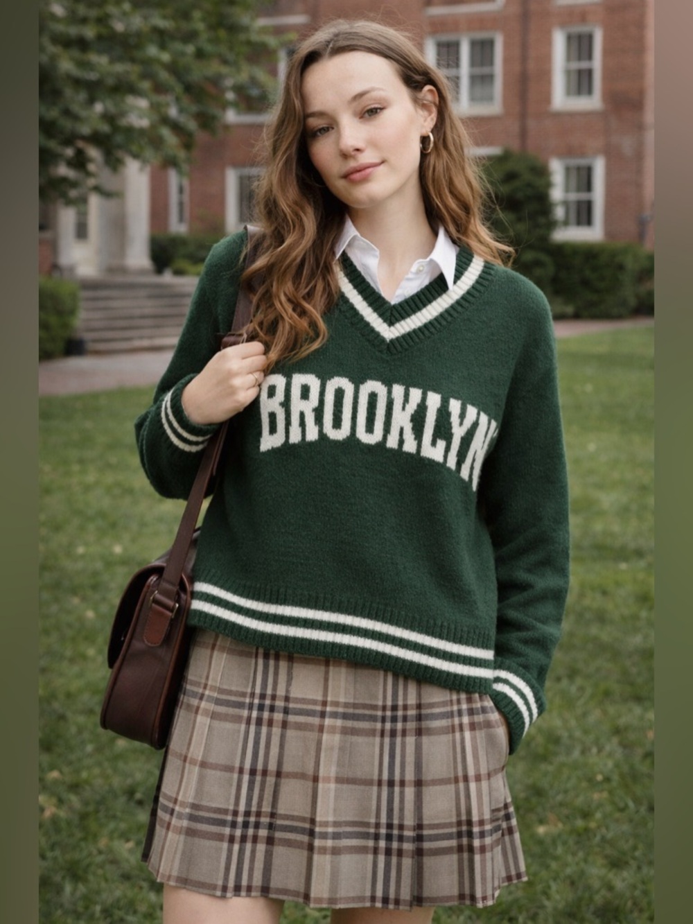 Stella Tweed Brooklyn Varsity Sweater Green White V Neck Knit Pullover Small